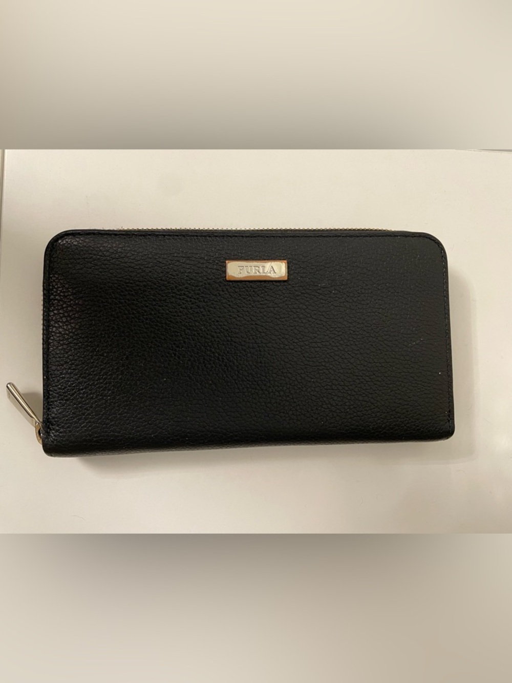 FURLA Black Pebbled Leather Zip Wallet with Gold Logo